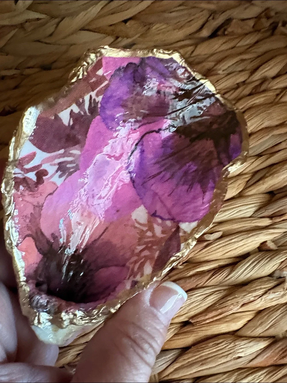 Decorative Purple Floral Shell Trinket Dish with Gold Edge